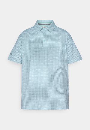 Lichtblauwe poloshirt met een geometrisch patroon, korte mouwen en een klassieke kraag. Voorzien van een knoopsluiting en een logo-accent op de mouw.