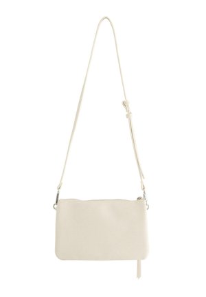 Kremlfarvet rektangulær crossbody taske med justerbar tynd rem og lynlås, lavet af tekstureret lædermateriale.