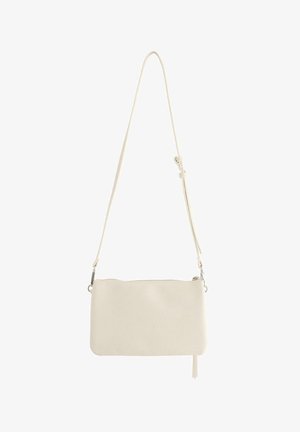 Borsa a tracolla rettangolare color crema con tracolla sottile regolabile e chiusura con cerniera, realizzata in materiale di pelle testurizzata.