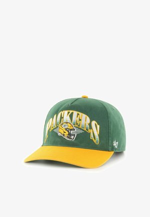 Casquette de baseball verte et jaune avec le texte « PACKERS » et un logo de casque de football jaune brodé sur le panneau avant.