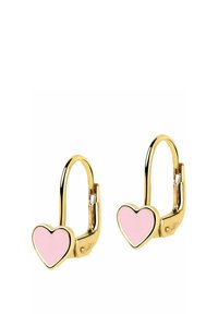 Orecchini a cerchio in oro con ciondoli smaltati a forma di cuore rosa, dotati di chiusure a leva sicure.