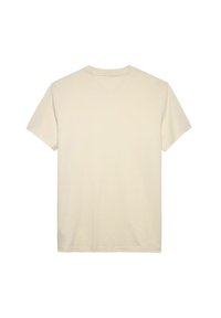 Camiseta de manga corta con cuello redondo en algodón beige claro. Textura suave con un ajuste relajado, con dobladillo limpio y diseño sencillo.