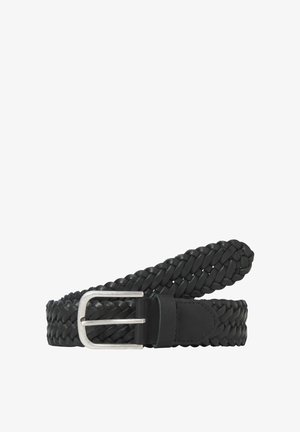 Czarny pleciony skórzany pasek z srebrną prostokątną klamrą, pętlą i obszytym skórzanym zakończeniem.