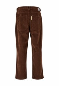 Brown corduroy pants featuring a straight-leg design, two back pockets, and a visible label at the waistband. Textured ribbed fabric.