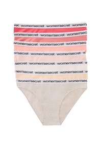 Verpakking van zeven damesonderbroeken in verschillende tinten, met een logo-elastische tailleband en gemaakt van katoen. Kleurverloop van donker naar licht.
