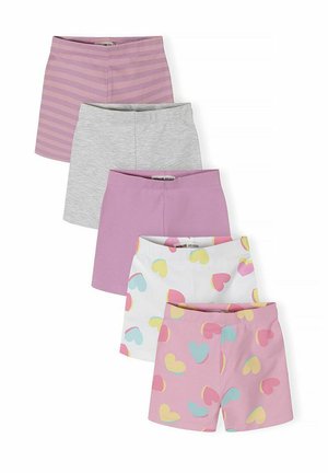 Päť párov krátkych nohavíc pre batoľatá v ružových prúžkoch, jednofarebnej sivej, jednofarebnej ružovej, bielej s pastelovými srdiečkami a ružovej s pastelovými srdiečkami.