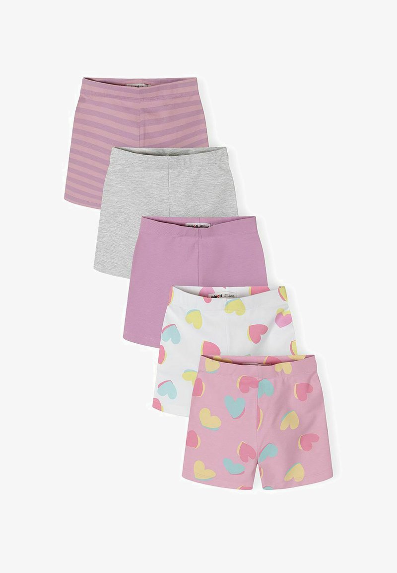 Cinq paires de shorts pour tout-petits : à rayures roses, gris uni, rose uni, blanc avec des cœurs pastel, et rose avec des cœurs pastel.