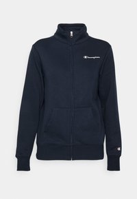 Sudadera con cremallera en color marino, hecha de una mezcla de algodón, con cuello alto, bolsillos frontales y un pequeño logo de Champion en el lado izquierdo del pecho.