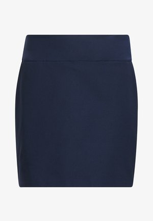 Saia mini azul marinho feita de tecido suave, com um cós largo e uma silhueta ajustada, sem padrões ou adornos visíveis.