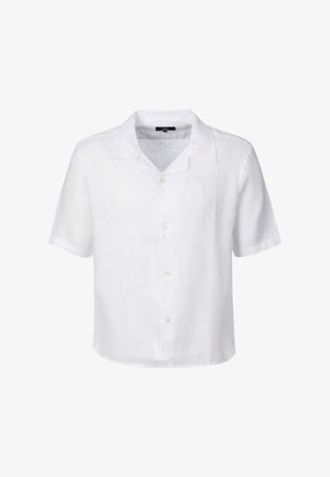 Hvid kortærmet skjorte med knapper og camp-krave i letvægtsstof.