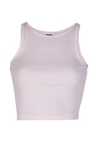 Top corto rosa chiaro a coste con scollo rotondo e ampie apertura per le braccia. Realizzato in tessuto elasticizzato, presenta un orlo pulito e cuciture minimali.