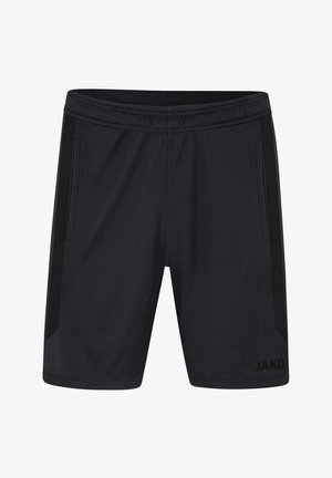 Shorts de sport noirs avec une taille élastique, deux poches latérales et des accents en mesh noir sur les côtés. Présente un logo sur le bas à l'avant.