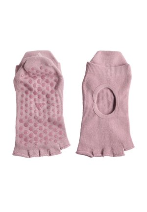 Coppia di calzini da yoga rosa con mezza punta, punti antiscivolo sulla suola e design con tallone aperto per una migliore ventilazione e supporto.