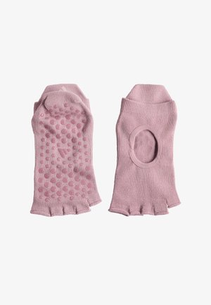 Coppia di calzini da yoga rosa con mezza punta, punti antiscivolo sulla suola e design con tallone aperto per una migliore ventilazione e supporto.