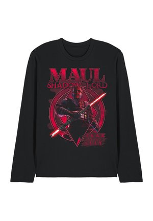 Schwarzes Langarmshirt mit rotem Motiv von Darth Maul, der ein doppelklingiges Lichtschwert hält, und dem Text „Maul Shadow Lord“ und „Furcht ist mein Verbündeter.“