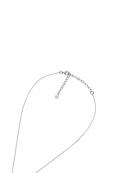 Collana in metallo argentato con un design a maglia fine, dotata di un prolungatore regolabile e un piccolo charm circolare.