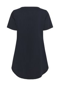 T-shirt bleu marine à manches courtes avec un col rond et un ourlet incurvé. Fabriqué en tissu doux et lisse avec une coupe décontractée.