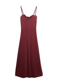Vestido burdeos sin mangas con tirantes ajustables y detalle de nudo en el frente; silueta en A; tejido suave; textura lisa.