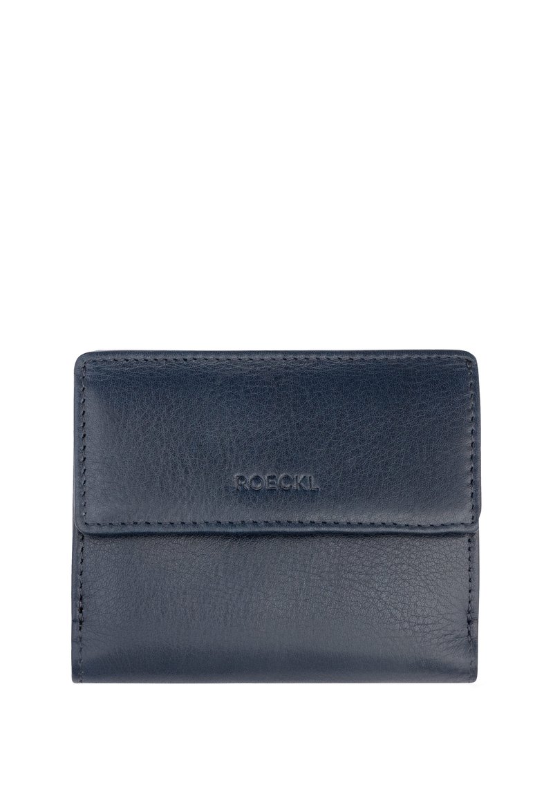 Navy leather wallet with a smooth texture, featuring a front flap and embossed logo. Compact design with visible stitching accents.