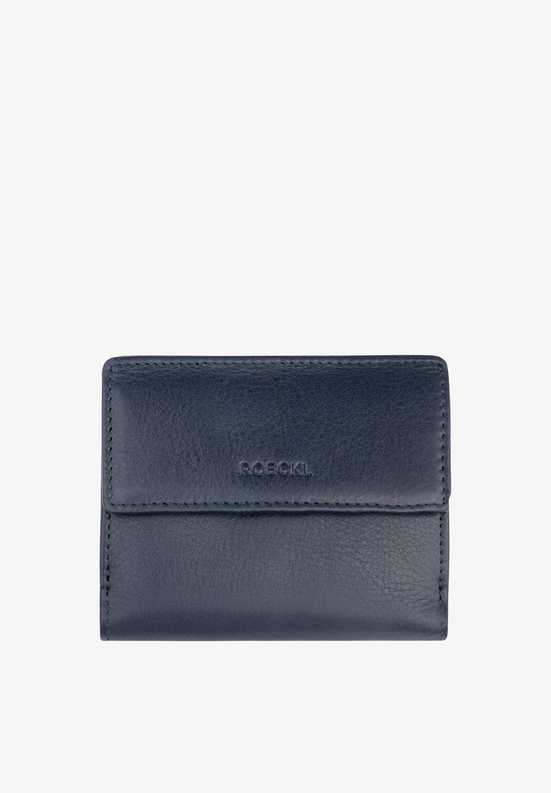 Navy leather wallet with a smooth texture, featuring a front flap and embossed logo. Compact design with visible stitching accents.