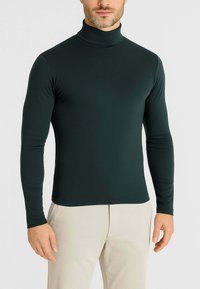 Maglione a collo alto verde scuro realizzato in tessuto elastico, con maniche lunghe e una vestibilità aderente. Texture liscia, senza motivi visibili.