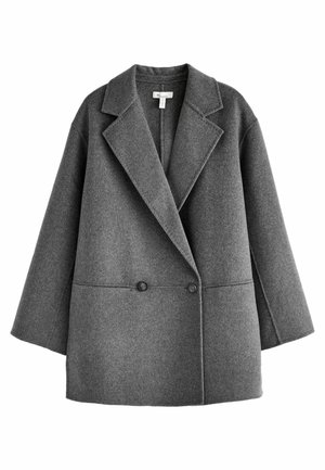Manteau croisé gris foncé en mélange de laine avec larges revers, deux boutons et manches longues, présenté sur fond blanc.