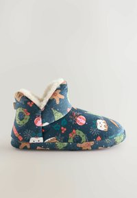 Textured blue slippers featuring a festive pattern with Christmas ornaments, gingerbread, and holly, lined with a soft white faux fur interior.