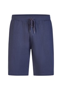 Sinit siniset shortsit puuvillasekoitekankaasta, jossa on joustava vyötärö, naru, tasainen etuosa ja suora lahjetyyli.