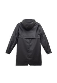 Black waterproof jacket with a hood, featuring a smooth texture, long sleeves, and a mid-length design. No visible hardware or patterns.