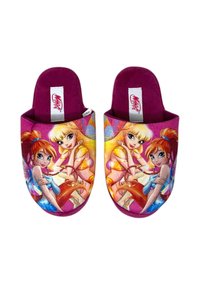 Pantofole viola senza lacci con una grafica colorata di due fate. Esterno in tessuto morbido con fodera in peluche per un comfort ottimale. Design con suola piatta.