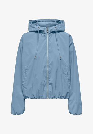 Helehall sinine kapuutsiga jakk esikinnise, nööriga kapuutsi, elastsete varrukasuiste, kahe küljetasku ja elastse äärega.