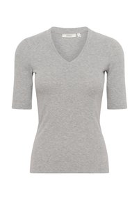 Grå ribbad kortärmad topp med V-ringning, figursydd form och mjuk textur. Tags synliga på insidan av ringningen.