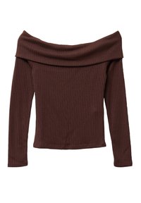 Off-shoulder, langærmet bluse i mørkebrun ribbet stof. Har en bred halsudskæring og tætsiddende silhouette. Tekstureret, blødt materiale.