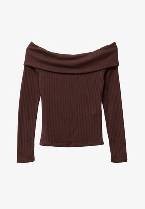 Haut à manches longues, décolleté off-shoulder en tissu côtelé marron foncé. Présente un col large et une silhouette ajustée. Matériau texturé et doux.
