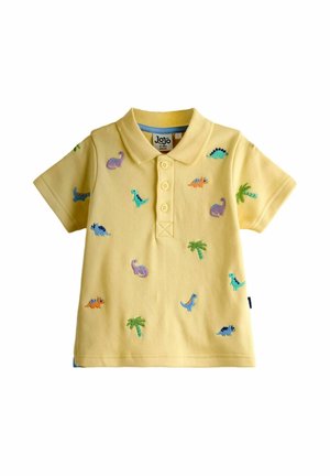 Polo gialla per bambino piccolo con dinosauri colorati ricamati e palme verdi, tre bottoni frontali e maniche corte.