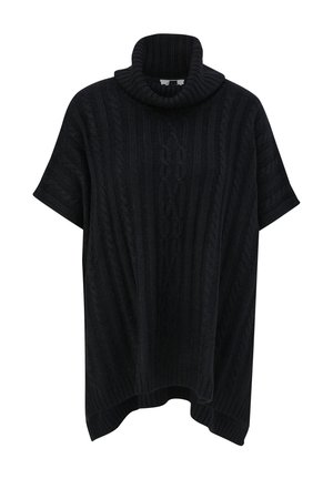 Zwarte gebreide poncho met een hoge, geribbelde kraag. Voorzien van een gestructureerd patroon en korte mouwen, met een ronde zoom voor een comfortabele pasvorm.