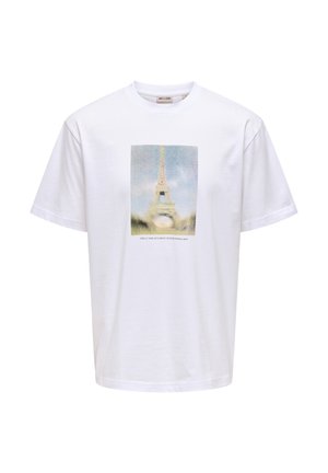 Bílé bavlněné tričko s grafickou potiskem Eiffelovy věže na jemném, rozmazaném pozadí. Krátké ruk ávy a volný střih.