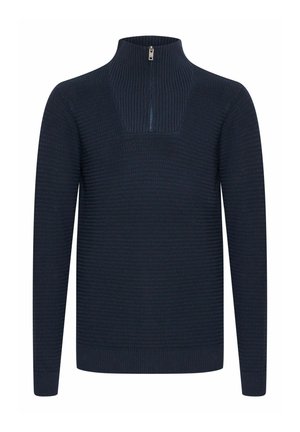 Navy knitted sweater with a high collar and half zip. Textured design, long sleeves, and ribbed cuffs and hem.