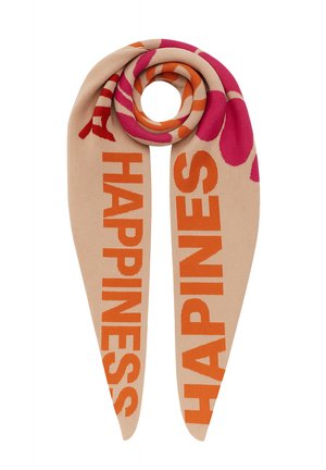 Beige scarf with large orange "HAPPINESS" text on both ends, featuring pink and orange abstract patterns near the center loop.