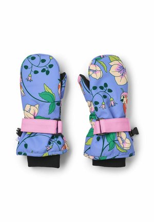 Blumenmuster-Handschuhe mit blauem Hintergrund, rosa Handgelenksriemen und schwarzen Innenbündchen, aus wasserabweisendem Außenmaterial.