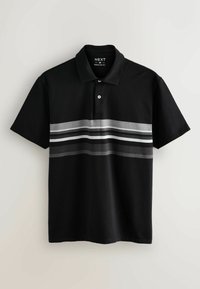Schwarzes Poloshirt mit grauen, weißen und schwarzen horizontalen Streifen. Verfügt über einen klassischen Kragen und eine Drei-Button-Leiste. Reguläre Passform.