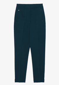 Pantalons bleu sarcelle foncé en tissu extensible, dotés de poches avant, d'une texture lisse et d'un ajustement cintré avec une coupe droite.