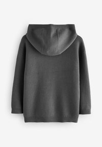 Hoodie gris avec un ourlet et des poignets côtelés, doté d'une grande capuche et d'un motif en tricot texturé sur le tissu. Vue de dos.