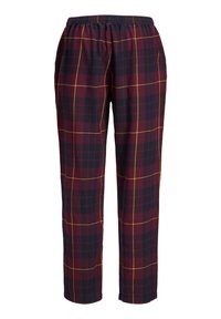 Pantalones de cuadros en burdeos, negro y amarillo. Cintura elástica, corte relajado, piernas ajustadas, tejido suave con patrón de cuadros visible.
