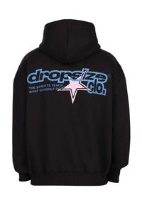 Black hoodie with blue and pink "dropsize clo." logo and text "The streets teach what schools don't" on the back.