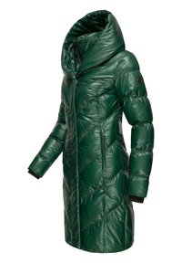 Groene pufferjas met een hoge kraag, voorzien van een diamantgequilte patroon, ritszakken en elastische manchetten. Glanzend, lichtgewicht materiaal.