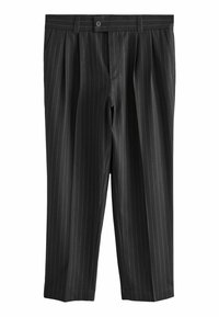 Black pinstriped trousers with a tailored fit, featuring a button closure, pleats, and a smooth fabric texture. Cropped length design.