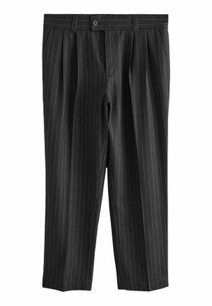 Black pinstriped trousers with a tailored fit, featuring a button closure, pleats, and a smooth fabric texture. Cropped length design.