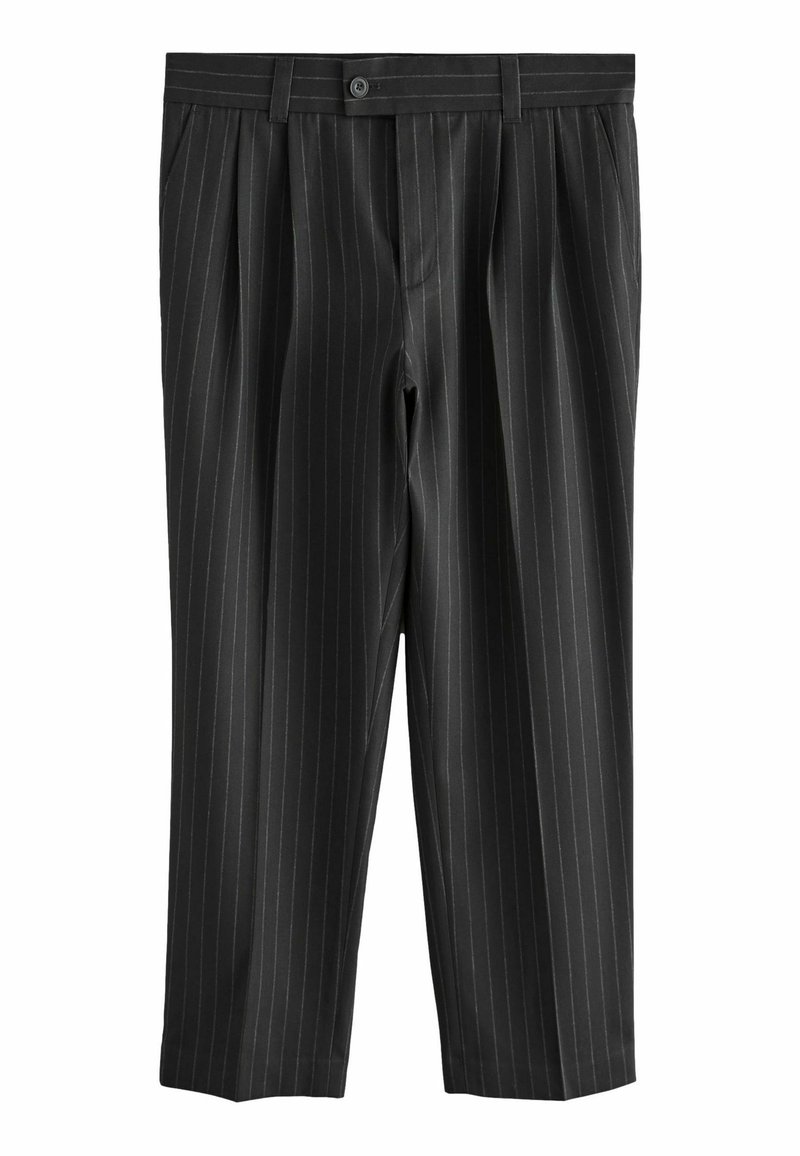 Black pinstriped trousers with a tailored fit, featuring a button closure, pleats, and a smooth fabric texture. Cropped length design.