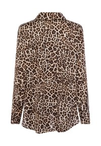 Brown and beige leopard print blouse with a collar, long sleeves, and button details. Soft texture, relaxed fit, and rounded hemline.